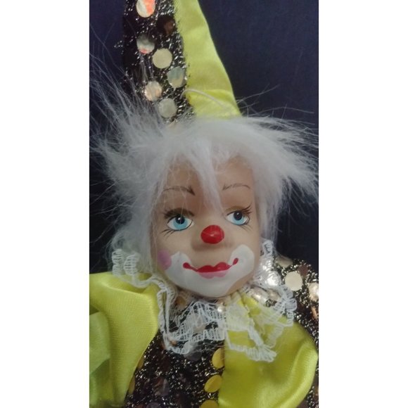 Vintage 6" Hard Plastic Face Mardi Gras Renaissance Clown Jester on a swing - Picture 9 of 10